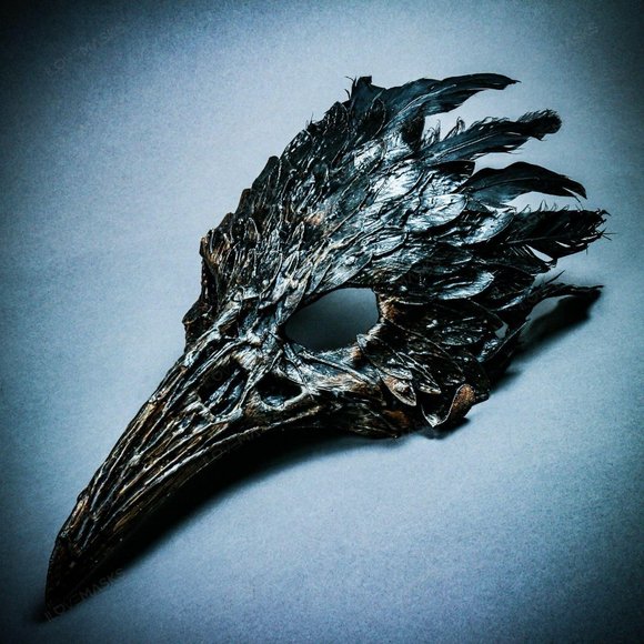 Brown Raven Skull Long Nose w/ Feather Party Mask - Picture 6 of 10
